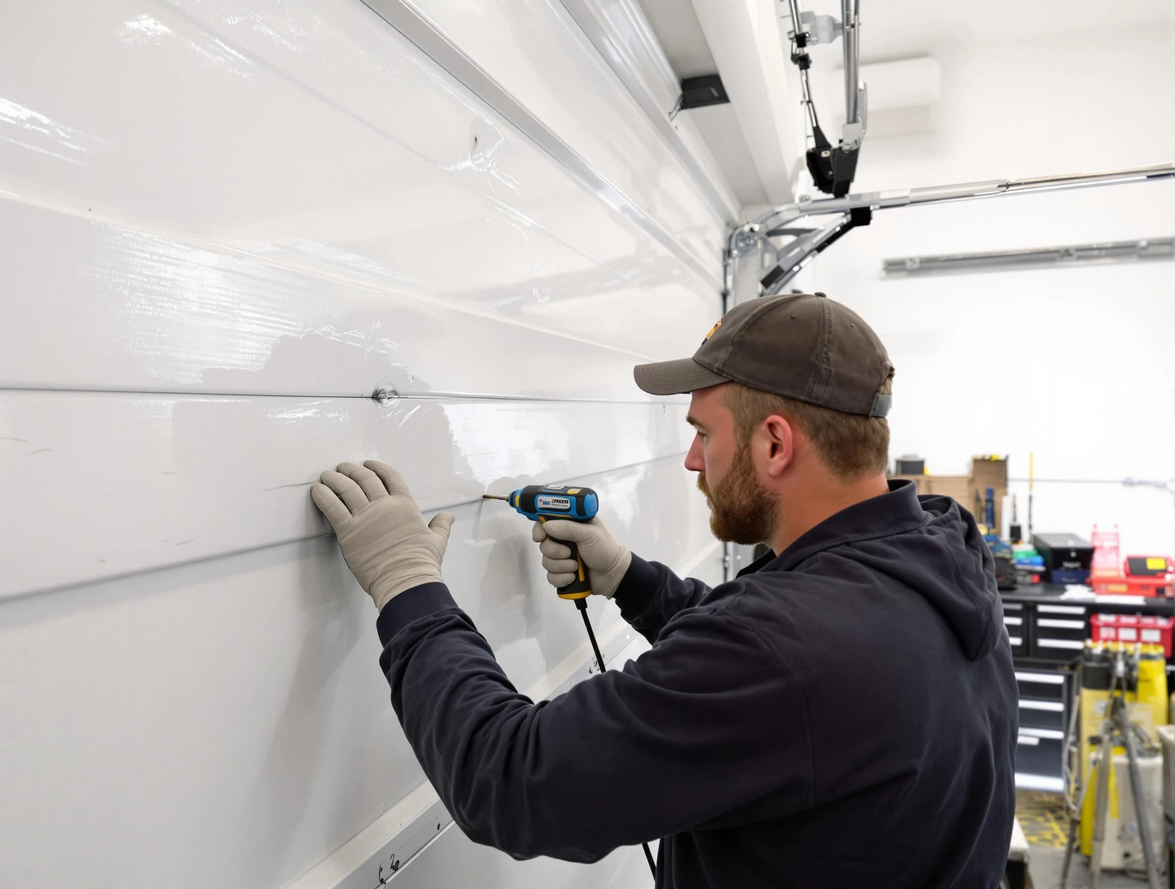 Reading Garage Door Repair technician demonstrating precision dent removal techniques on a Reading garage door